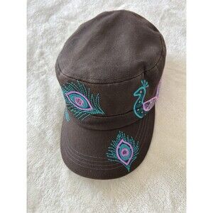 Karma Cadet Cap Hat Women Fitted Elastic Canva Embroidered Peacock Feather
